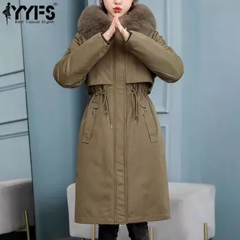 YYFS Женская мода Повседневная Осень Зима Однотонный Принт Длинный Рукав Утепленные Куртки и Пальто Пуховики M зелёный