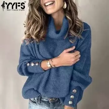 YYFS Женская мода Повседневная Осень Зима Однотонный Принт Длинный Рукав Высокий Воротник Женская Одежда Трикотаж Свитера Пуловеры и Длинные Рукава S белый