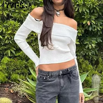 YYFS Женская мода повседневная осень-зима однотонный принт длинный рукав одно плечо свитера S белый