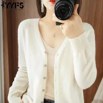 YYFS Женская мода Повседневная Осень Зима Однотонный Принт Длинный Рукав V-образный Вырез Женская Одежда Шерстяные Трикотажные Свитера XXL