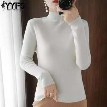 YYFS Женская мода Повседневная Осень Зима Однотонный Принт Длинный Рукав Полуводолазка Топы Женская Одежда Шерстяной Трикотаж Свитера S белый