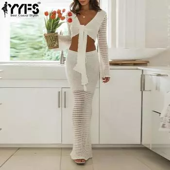 YYFS Женская мода Повседневная Осень Зима Однотонный Принт Длинный Рукав V-образный Вырез Топы Женская Одежда Шерстяной Трикотаж Юбки Костюмы S белый