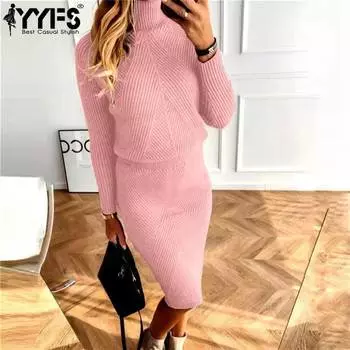 YYFS Женская мода Повседневная Осень Зима Однотонный Принт Длинный Рукав Высокий Воротник Шерстяной Трикотаж Свитера и Юбки Костюмы S
