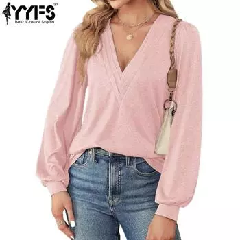 YYFS Женская мода Повседневная Осень Зима Однотонный Принт Длинный Рукав V-образный Вырез Пуловеры и Длинные Рукава S чёрный