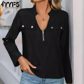 YYFS Женская мода Повседневная Осень Зима Однотонный Принт Длинный Рукав V-образный Вырез Пуловеры и Длинные Рукава S чёрный