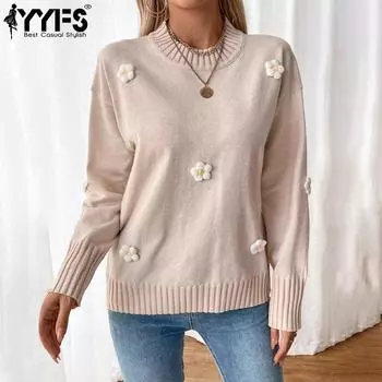 YYFS Женская мода повседневная осень-зима однотонный цветочный узор с длинным рукавом и круглым вырезом свитера S розовый