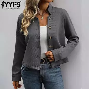 YYFS Женская мода Повседневная Осень Зима Однотонный Принт Длинный Рукав Пальто Стоячий Воротник(Женский) S темно-серого