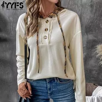 YYFS Женская мода повседневная осень-зима однотонный принт длинный рукав с капюшоном пуловеры и длинные рукава S абрикосовый