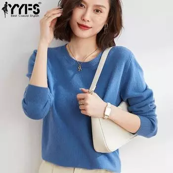 YYFS Женская мода Повседневная Осень Зима Однотонный Принт Длинный Рукав О-Образный Вырез Топы Женская Одежда Шерстяной Трикотаж Свитера S чёрный