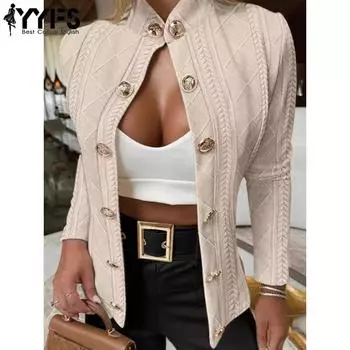 YYFS Женская мода Повседневная Осень Зима Однотонный Принт Длинный Рукав Стоячий Воротник Пальто Женские S белый