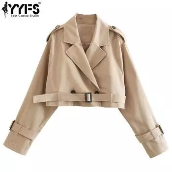 YYFS Женская мода повседневная осень-зима однотонный принт длинный рукав поло воротник с поясом пальто XS чёрный