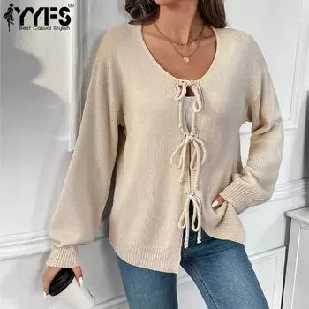 YYFS Женская мода повседневная осень-зима однотонный принт длинный рукав U-образный вырез свитера S абрикосовый