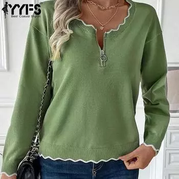 YYFS Женская мода повседневная осень-зима однотонный принт длинный рукав U-образный вырез свитера S зелёный