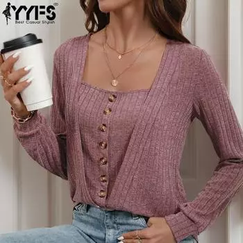 YYFS Женская мода повседневная осень-зима однотонный принт длинный рукав квадратный воротник свитера S красное дерево