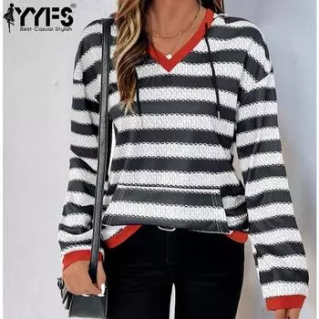 YYFS Женская мода Повседневный Осень Зима Полосатый Принт Длинный Рукав V-образный Вырез Свитера S чёрный