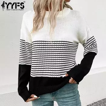 YYFS Женская мода повседневная осень-зима полосатый принт длинный рукав O-образный вырез свитера S чёрный