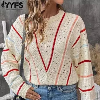 YYFS Женская мода повседневная осень-зима полосатый принт длинный рукав O-образный вырез свитера S абрикосовый