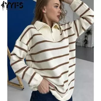 YYFS Женская мода повседневная осень-зима полосатый принт длинный рукав поло воротник свитера S синий