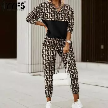 YYFS Женская мода Повседневная Весна Осень Геометрический принт Длинный рукав V-образный вырез Брюки Костюмы S
