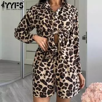 YYFS Женская мода Повседневная Весна Осень Леопардовый принт Длинные рукава Поло Воротник Блузки и рубашки Брюки Костюмы S цветной печати леопарда
