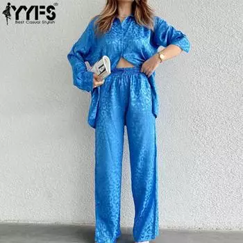 YYFS Женская мода Повседневная Весна Осень Леопардовый принт Длинные рукава Поло Воротник Блузки и рубашки Брюки Костюмы S синий