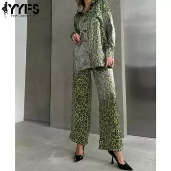 YYFS Женская мода Повседневная Весна Осень Леопардовый принт Длинные рукава Поло Воротник Блузки и рубашки Брюки Костюмы S зелёный