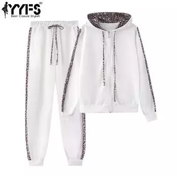 YYFS Женская мода Повседневная Весна Осень Леопардовый принт Длинные рукава с капюшоном Брюки Костюмы S белый