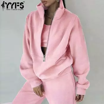 YYFS Женская мода Повседневная Весна Осень Однотонные принты Длинные рукава Высокий воротник Блузки и рубашки Брюки Костюмы S розовый