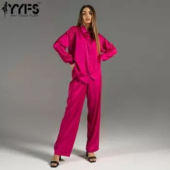 YYFS Женская мода Повседневная Весна Осень Однотонный Принт Длинный Рукав Воротник ПОЛО Блузки и Рубашки Брюки Костюмы S розы красного