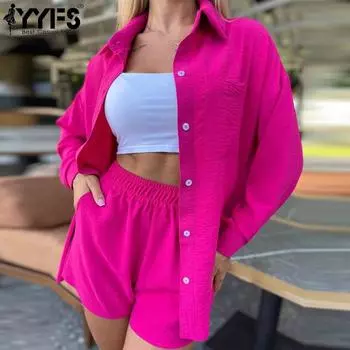 YYFS Женская мода Повседневная Весна Осень Однотонный Принт Длинный Рукав Воротник ПОЛО Блузки и Рубашки Брюки Костюмы S розы красного