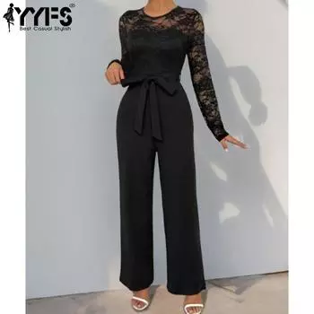 YYFS Женская мода Повседневная Весна Осень Однотонный Принт Длинный Рукав Высокая Талия Брюки Комбинезоны и Ромперы S чёрный
