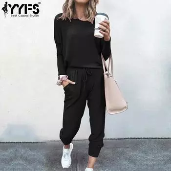 YYFS Женская мода Повседневная Весна Осень Однотонный Принт Длинный Рукав О-Образным Вырезом Брюки Костюмы S белый