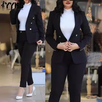 YYFS Женская мода Повседневная Весна Осень Однотонный Принт Длинный Рукав Полосатый Воротник Брюки Костюмы S чёрный