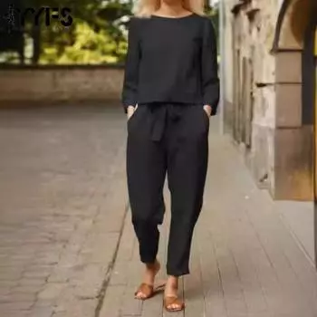YYFS Женская мода Повседневная Весна Осень Однотонный Принт Длинный Рукав О-Образным Вырезом Брюки Костюмы S чёрный