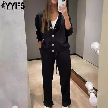 YYFS Женская мода Повседневная Весна Осень Однотонный Принт Длинный Рукав V-образный Вырез Брюки Костюмы S чёрный