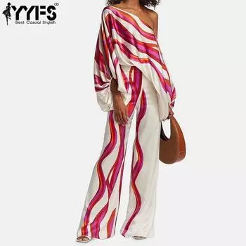 YYFS Женская мода Повседневная Весна Осень Полосатый Принт Длинный Рукав Косой Воротник Блузки и Рубашки Брюки Костюмы S розы красного