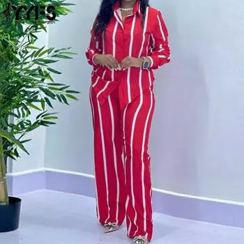 YYFS Женская мода Повседневная Весна Осень Полосатый Принт Длинный Рукав Воротник ПОЛО Блузки и Рубашки Брюки Костюмы S зелёный