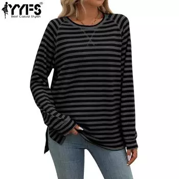 YYFS Женская мода Повседневная Весна Осень Полосатый Принт Длинный Рукав О-Образный Вырез Блузки и Рубашки S чёрный