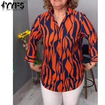 YYFS Женская мода повседневная весна-осень цветные блоки принт длинный рукав воротник поло блузки и рубашки S белый