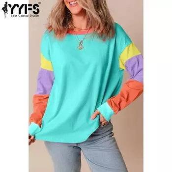 YYFS Женская мода Повседневная весна-осень Цветные блоки с принтом Длинные рукава О-образный вырез Блузки и рубашки S