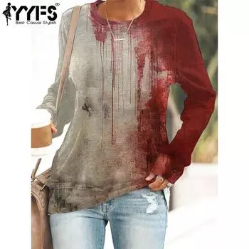 YYFS Женская мода Повседневная весна-осень Цветные блоки с принтом Длинные рукава О-образный вырез Блузки и рубашки S