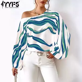 YYFS Женская мода повседневная весна осень цветные блоки принт длинный рукав косой воротник блузки и рубашки S синий