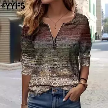 YYFS Женская мода Повседневная весна-осень Цветные блоки Принт Длинные рукава V-образный вырез Блузки и рубашки S бордовый