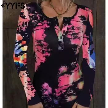 YYFS Женская мода Повседневная весна-осень Цветные блоки Принт Длинные рукава V-образный вырез Блузки и рубашки S розовый