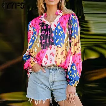 YYFS Женская мода Повседневная весна-осень Цветные блоки Принт Длинные рукава Поло Воротник Блузки и рубашки M