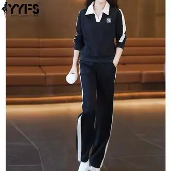 YYFS Женская мода повседневная весна осень цветные блоки принт длинный рукав поло воротник брюки костюмы M чёрный
