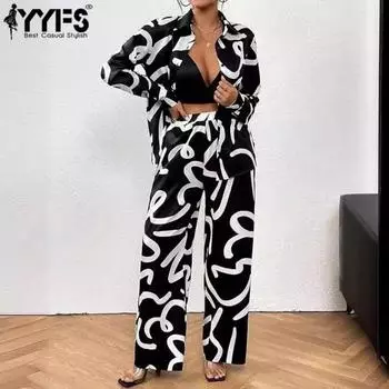 YYFS Женская мода повседневная весна осень цветные блоки принт длинный рукав поло воротник брюки костюмы S чёрный