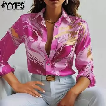 YYFS Женская мода Повседневная весна-осень Цветные блоки Принт Длинные рукава Поло Воротник Блузки и рубашки S розы красного