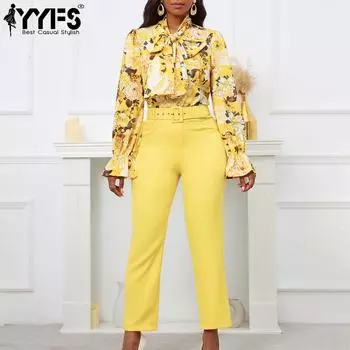 YYFS Женская мода повседневная весна осень цветочный узор принт длинные рукава блузки и рубашки брюки костюмы S