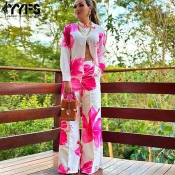 YYFS Женская мода Повседневная Весна Осень Цветочный узор Принт Длинный рукав Поло Воротник Блузки и рубашки Брюки Костюмы S розы красного